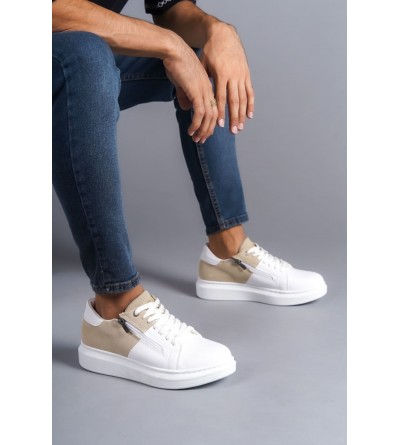 SLW155 Warrior Bağcıklı ve Fermuarlı Cilt Süet Erkek Günlük Sneaker Ayakkabı CSBT - Beyaz/Krem
