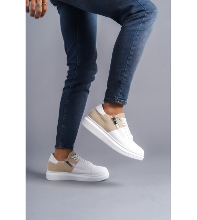 SLW155 Warrior Bağcıklı ve Fermuarlı Cilt Süet Erkek Günlük Sneaker Ayakkabı CSBT - Beyaz/Krem