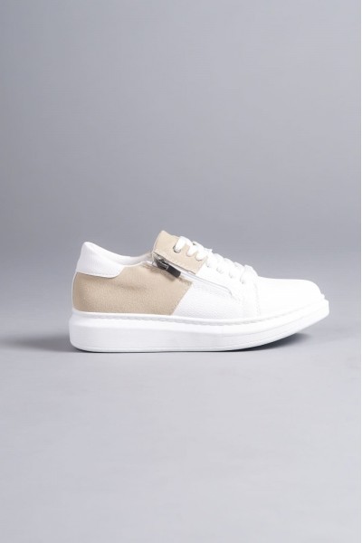 SLW155 Warrior Bağcıklı ve Fermuarlı Cilt Süet Erkek Günlük Sneaker Ayakkabı CSBT - Beyaz/Krem