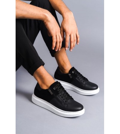 SLW155 Warrior Bağcıklı ve Fermuarlı Cilt Süet Erkek Günlük Sneaker Ayakkabı CSBT - Siyah