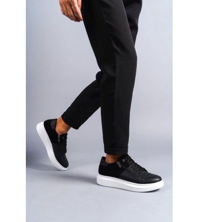 SLW155 Warrior Bağcıklı ve Fermuarlı Cilt Süet Erkek Günlük Sneaker Ayakkabı CSBT - Siyah