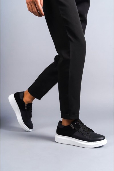 SLW155 Warrior Bağcıklı ve Fermuarlı Cilt Süet Erkek Günlük Sneaker Ayakkabı CSBT - Siyah