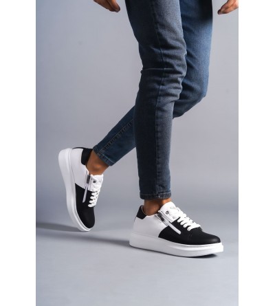 SLW155 Warrior Bağcıklı ve Fermuarlı Cilt Erkek Günlük Sneaker Ayakkabı CBT - Beyaz/Siyah