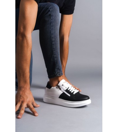 SLW155 Warrior Bağcıklı ve Fermuarlı Cilt Erkek Günlük Sneaker Ayakkabı CBT - Beyaz/Siyah