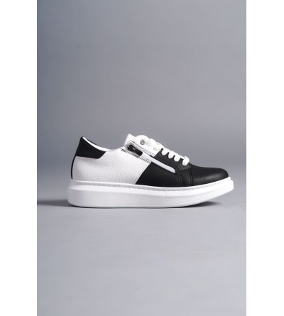 SLW155 Warrior Bağcıklı ve Fermuarlı Cilt Erkek Günlük Sneaker Ayakkabı CBT - Beyaz/Siyah