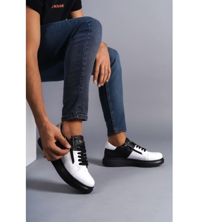 SLW155 Warrior Bağcıklı ve Fermuarlı Cilt Erkek Günlük Sneaker Ayakkabı CST - Siyah/Beyaz