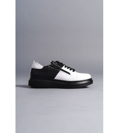 SLW155 Warrior Bağcıklı ve Fermuarlı Cilt Erkek Günlük Sneaker Ayakkabı CST - Siyah/Beyaz