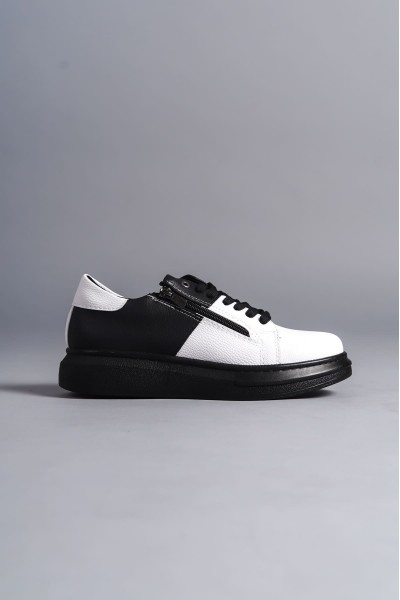 SLW155 Warrior Bağcıklı ve Fermuarlı Cilt Erkek Günlük Sneaker Ayakkabı CST - Siyah/Beyaz