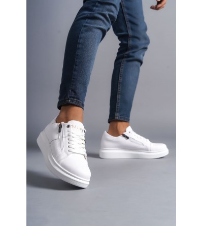 SLW155 Warrior Bağcıklı ve Fermuarlı Cilt Erkek Günlük Sneaker Ayakkabı CBT - Beyaz