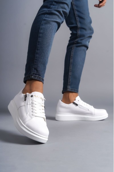 SLW155 Warrior Bağcıklı ve Fermuarlı Cilt Erkek Günlük Sneaker Ayakkabı CBT - Beyaz