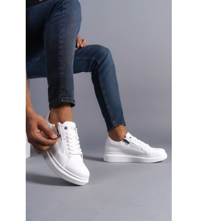 SLW155 Warrior Bağcıklı ve Fermuarlı Cilt Erkek Günlük Sneaker Ayakkabı CBT - Beyaz