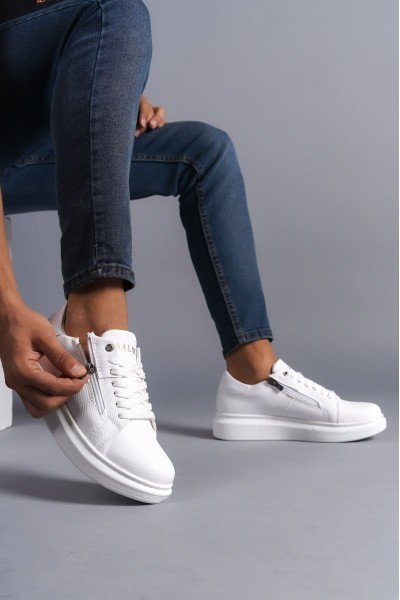 SLW155 Warrior Bağcıklı ve Fermuarlı Cilt Erkek Günlük Sneaker Ayakkabı CBT - Beyaz