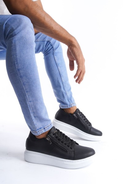 SLW155 Warrior Bağcıklı ve Fermuarlı Cilt Erkek Günlük Sneaker Ayakkabı CBT - Siyah