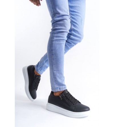 SLW155 Warrior Bağcıklı ve Fermuarlı Cilt Erkek Günlük Sneaker Ayakkabı CBT - Siyah