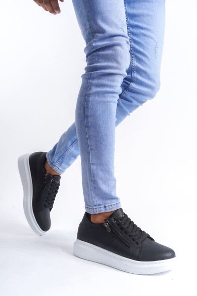 SLW155 Warrior Bağcıklı ve Fermuarlı Cilt Erkek Günlük Sneaker Ayakkabı CBT - Siyah