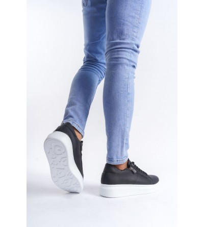 SLW155 Warrior Bağcıklı ve Fermuarlı Cilt Erkek Günlük Sneaker Ayakkabı CBT - Siyah