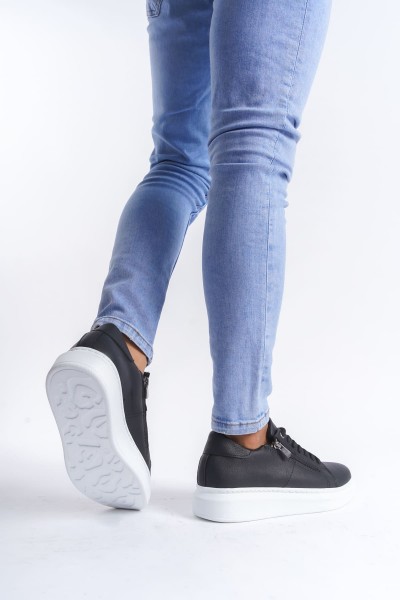 SLW155 Warrior Bağcıklı ve Fermuarlı Cilt Erkek Günlük Sneaker Ayakkabı CBT - Siyah