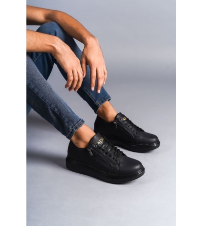 SLW155 Warrior Bağcıklı ve Fermuarlı Cilt Erkek Günlük Sneaker Ayakkabı CST - Siyah