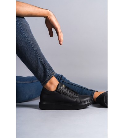 SLW155 Warrior Bağcıklı ve Fermuarlı Cilt Erkek Günlük Sneaker Ayakkabı CST - Siyah