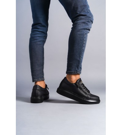 SLW155 Warrior Bağcıklı ve Fermuarlı Cilt Erkek Günlük Sneaker Ayakkabı CST - Siyah