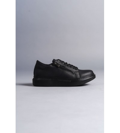 SLW155 Warrior Bağcıklı ve Fermuarlı Cilt Erkek Günlük Sneaker Ayakkabı CST - Siyah