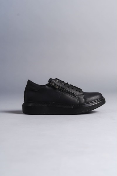 SLW155 Warrior Bağcıklı ve Fermuarlı Cilt Erkek Günlük Sneaker Ayakkabı CST - Siyah