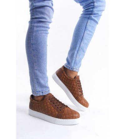 SLW166 Prestige Bağcıklı Cilt Kapitone Desenli Erkek Günlük Sneaker Ayakkabı CBT - Taba