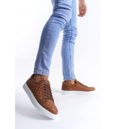 SLW166 Prestige Bağcıklı Cilt Kapitone Desenli Erkek Günlük Sneaker Ayakkabı CBT - Taba