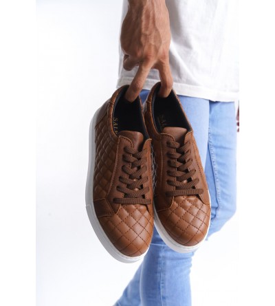 SLW166 Prestige Bağcıklı Cilt Kapitone Desenli Erkek Günlük Sneaker Ayakkabı CBT - Taba