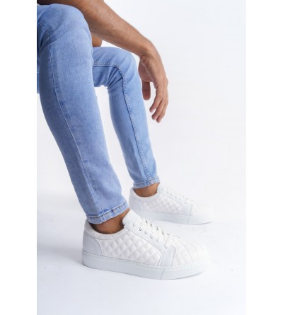 SLW166 Prestige Bağcıklı Cilt Kapitone Desenli Erkek Günlük Sneaker Ayakkabı CBT - Beyaz