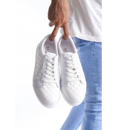 SLW166 Prestige Bağcıklı Cilt Kapitone Desenli Erkek Günlük Sneaker Ayakkabı CBT - Beyaz