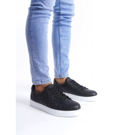 SLW166 Prestige Bağcıklı Cilt Kapitone Desenli Erkek Günlük Sneaker Ayakkabı CBT - Siyah