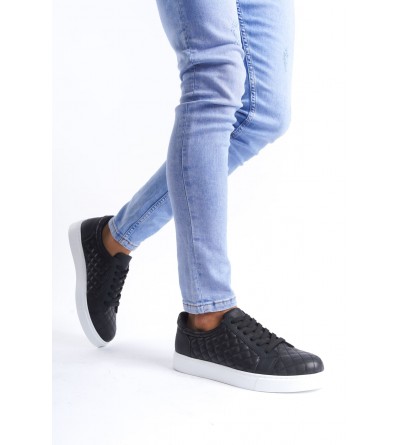 SLW166 Prestige Bağcıklı Cilt Kapitone Desenli Erkek Günlük Sneaker Ayakkabı CBT - Siyah