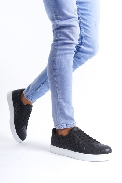 SLW166 Prestige Bağcıklı Cilt Kapitone Desenli Erkek Günlük Sneaker Ayakkabı CBT - Siyah