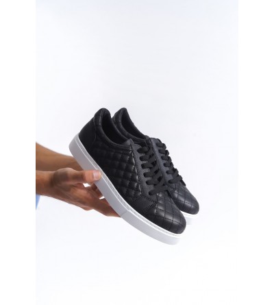 SLW166 Prestige Bağcıklı Cilt Kapitone Desenli Erkek Günlük Sneaker Ayakkabı CBT - Siyah