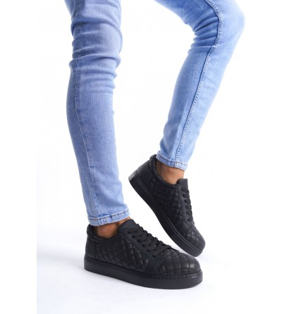 SLW166 Prestige Bağcıklı Cilt Kapitone Desenli Erkek Günlük Sneaker Ayakkabı CST - Siyah