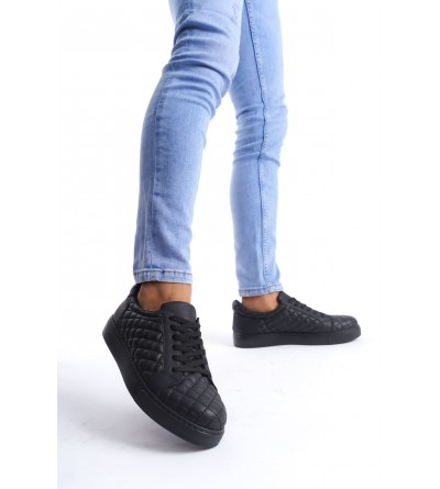 SLW166 Prestige Bağcıklı Cilt Kapitone Desenli Erkek Günlük Sneaker Ayakkabı CST - Siyah