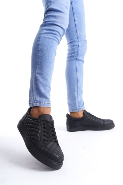 SLW166 Prestige Bağcıklı Cilt Kapitone Desenli Erkek Günlük Sneaker Ayakkabı CST - Siyah