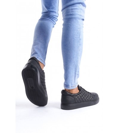 SLW166 Prestige Bağcıklı Cilt Kapitone Desenli Erkek Günlük Sneaker Ayakkabı CST - Siyah