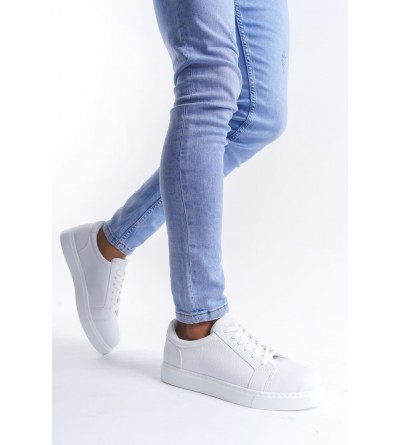 SLW165 Elite Bağcıklı Cilt Erkek Günlük Sneaker Ayakkabı CBT - Beyaz