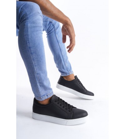 SLW165 Elite Bağcıklı Cilt Erkek Günlük Sneaker Ayakkabı CBT - Siyah