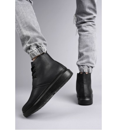SLW207 Oslo Bağcıklı Cilt Erkek Günlük Spor Bot ST - Siyah