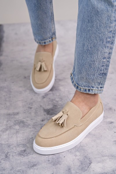 SLW153 Bloom Bağcıksız Püsküllü Süet Erkek Günlük Spor Klasik Ayakkabı SBT - Krem