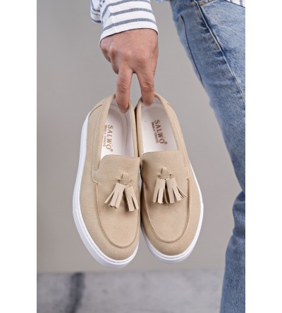 SLW153 Bloom Bağcıksız Püsküllü Süet Erkek Günlük Spor Klasik Ayakkabı SBT - Krem