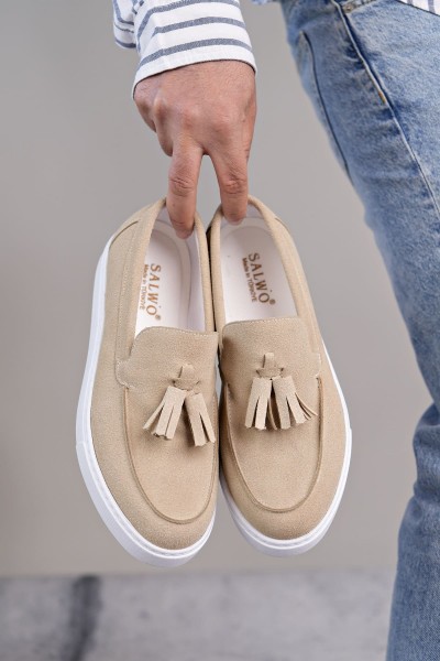 SLW153 Bloom Bağcıksız Püsküllü Süet Erkek Günlük Spor Klasik Ayakkabı SBT - Krem