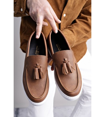 SLW153 Bloom Bağcıksız Püsküllü Cilt Erkek Günlük Spor Klasik Ayakkabı CBT - Taba