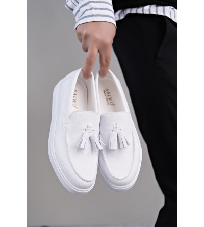 SLW153 Bloom Bağcıksız Püsküllü Cilt Erkek Günlük Spor Klasik Ayakkabı CBT - Beyaz