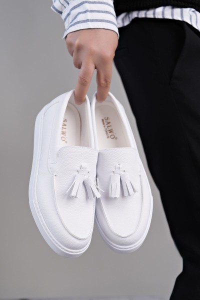 SLW153 Bloom Bağcıksız Püsküllü Cilt Erkek Günlük Spor Klasik Ayakkabı CBT - Beyaz