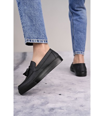 SLW153 Bloom Bağcıksız Püsküllü Cilt Erkek Günlük Spor Klasik Ayakkabı CST - Siyah