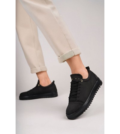 SLW152 Cool Bağcıklı Keten Erkek Günlük Spor Klasik Ayakkabı KST - Siyah